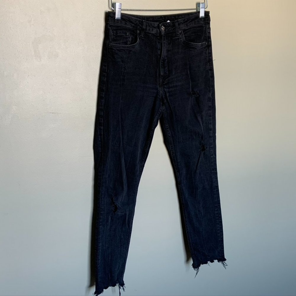 H&M black distressed chewed hem skinny jeans